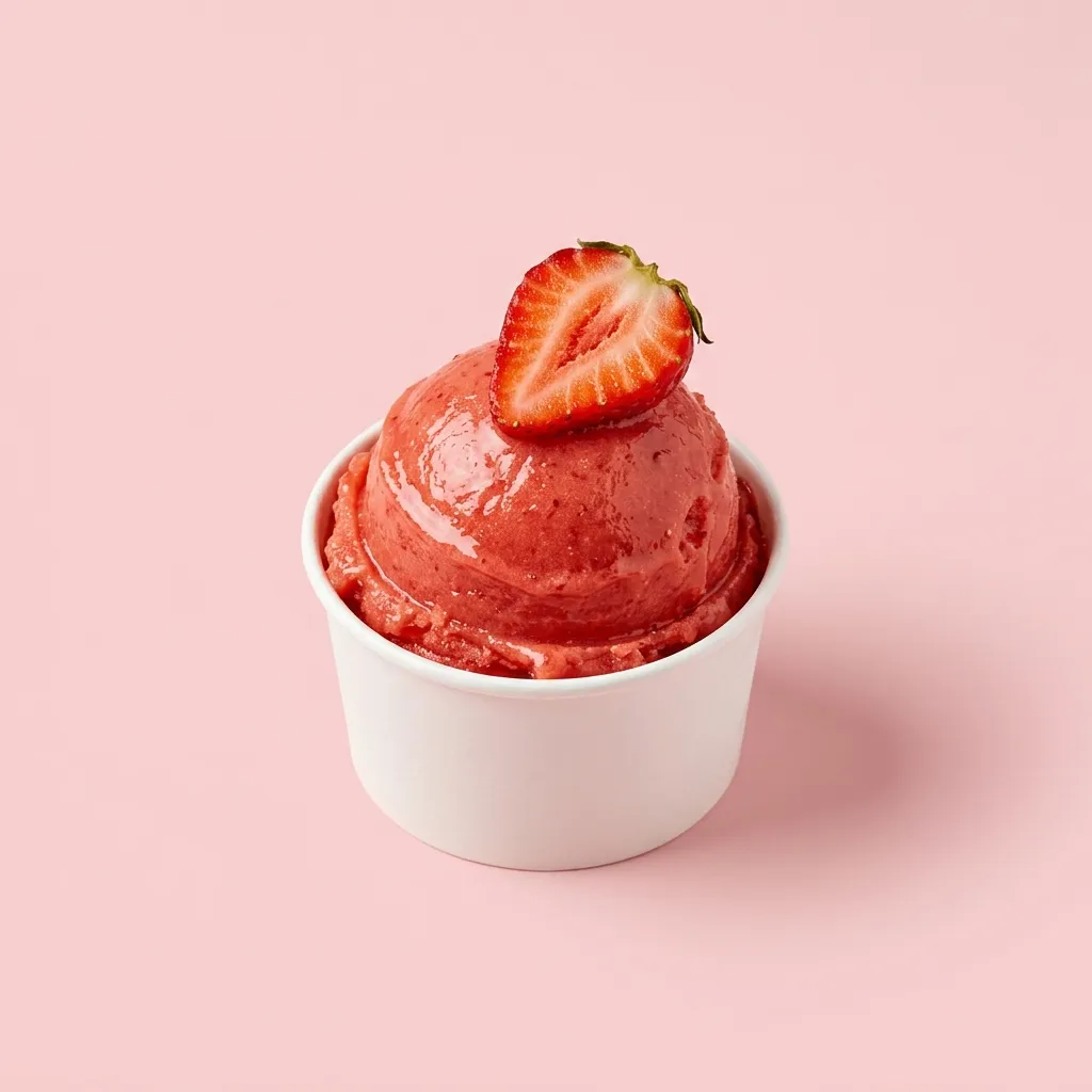 Tarrina blanca con una bola de gelato de fresa coronada por media fresa fresca, sobre fondo rosa palo.