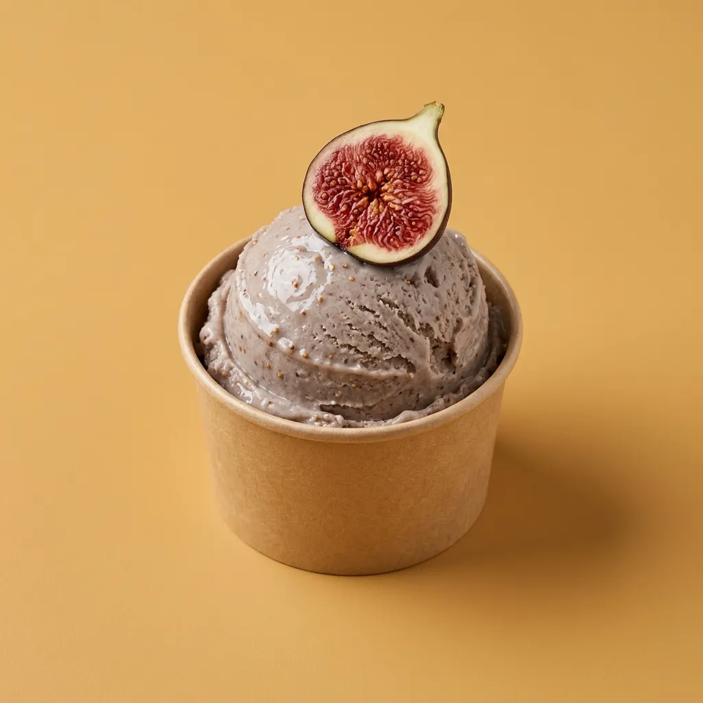 Tarrina con una bola de gelato de higo malva grisáceo con puntitos de pepita, sobre fondo ocre.