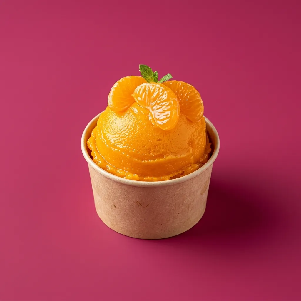 Tarrina con una bola de sorbete de mandarina naranja vivo, sobre fondo fucsia.