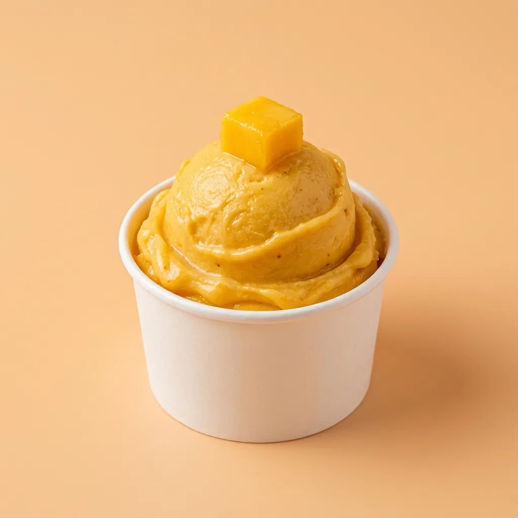 Tarrina con una bola de sorbete de mango naranja intenso con un dado de mango encima, sobre fondo melocotón cálido.