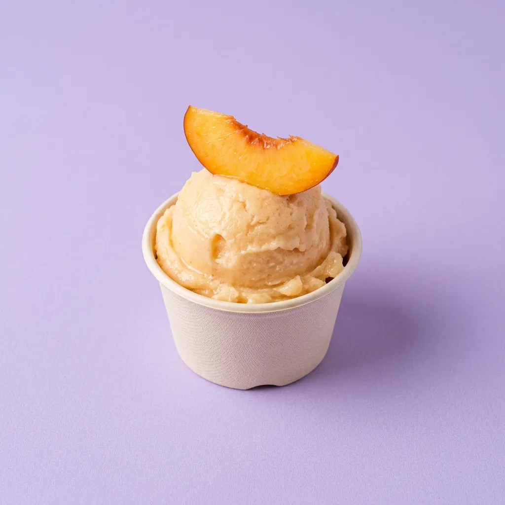 Tarrina con una bola de sorbete de melocotón naranja pálido, sobre fondo lavanda.