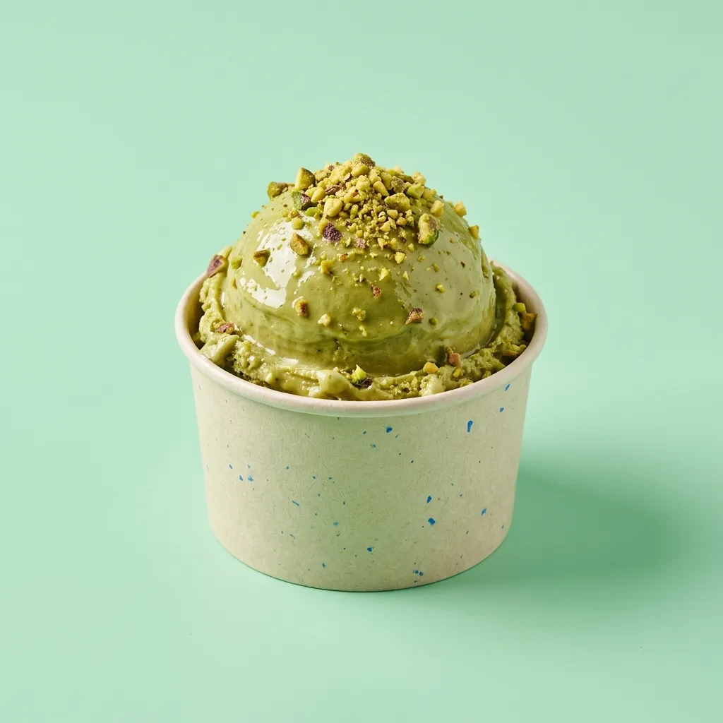 Tarrina de cartón con una bola de gelato de pistacho verde oliva, cubierta de pistacho picado, sobre fondo verde menta.