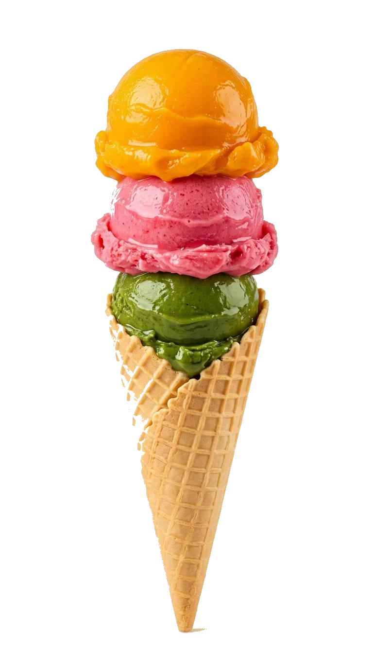 Cucurucho de barquillo con tres bolas de gelato recién servidas: mango arriba, fresa en medio y pistacho abajo.